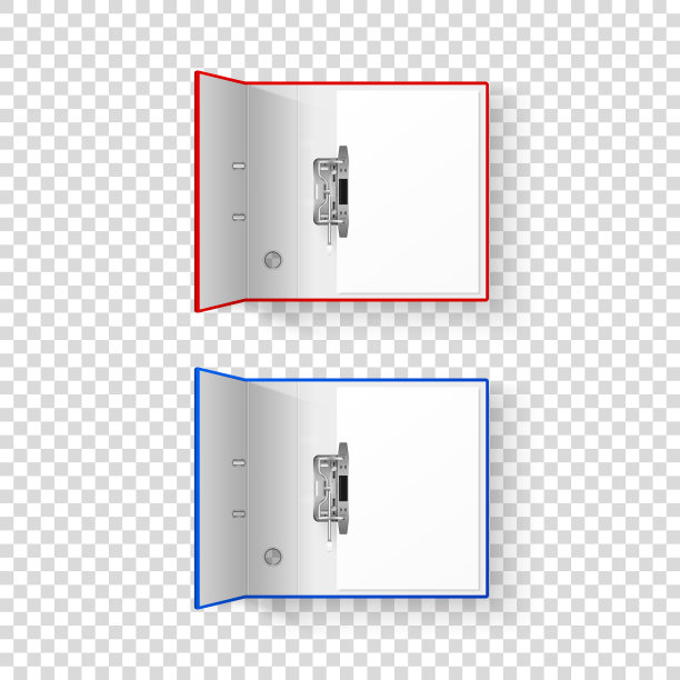 矢量3d打开现实的红色和蓝色办公室活页夹设置与金属环和A4纸特写孤立在透明背景。设计模板，模型，顶部视图图片下载