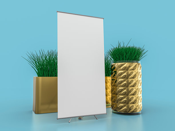 卷起横幅架。模型上的蓝色背景。3 d演示。图片下载
