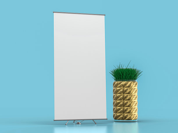 卷起横幅架。模型上的蓝色背景。3 d演示。图片下载