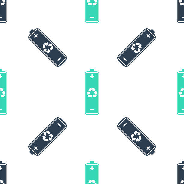 绿色电池与回收符号图标隔离无缝模式的白色背景。电池与回收符号-可再生能源的概念。向量图片下载