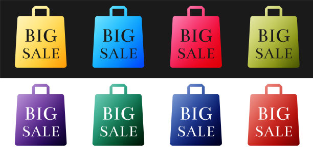 设置购物袋与题词大减价图标孤立在黑白背景。手提包的迹象。女人包图标。女性手袋的迹象。向量图片下载