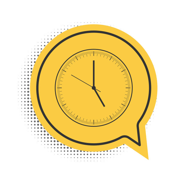 黑色时钟图标孤立在白色背景。时间图标。黄色语音气泡符号。向量图片下载