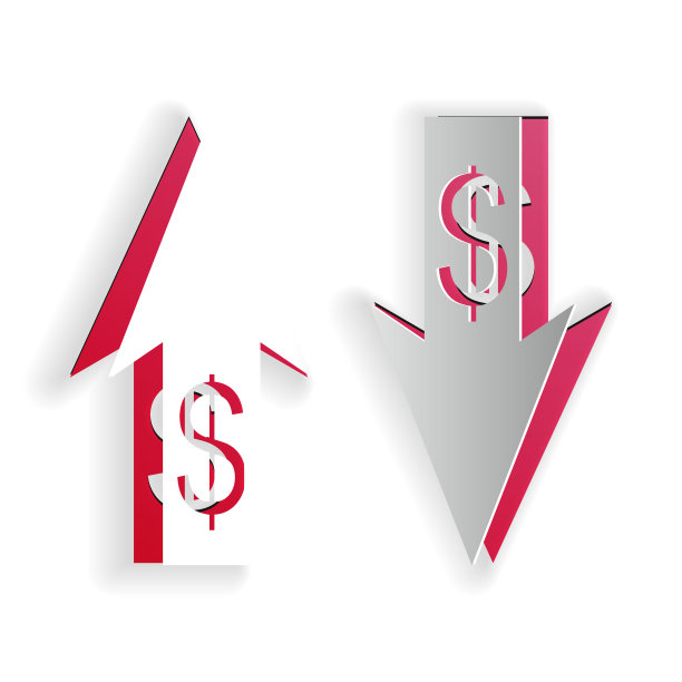 纸切割向上和向下箭头与美元符号图标孤立在白色背景。经营理念。纸艺术风格。向量图片下载