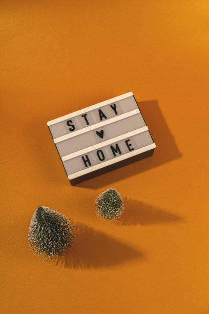 圣诞树间的灯箱上写着“呆在家里”图片下载