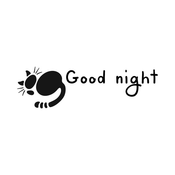 躺着的猫图标和晚安字母。手绘漫画收藏。矢量插图。图片下载