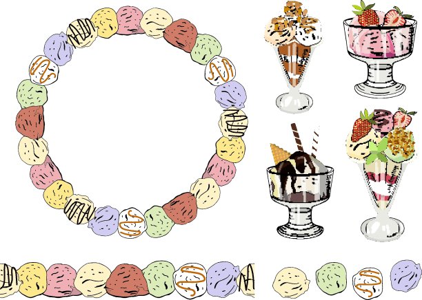 一套无缝的冰淇淋边框和元素。五颜六色的冰淇淋球与浆果和坚果。图片下载