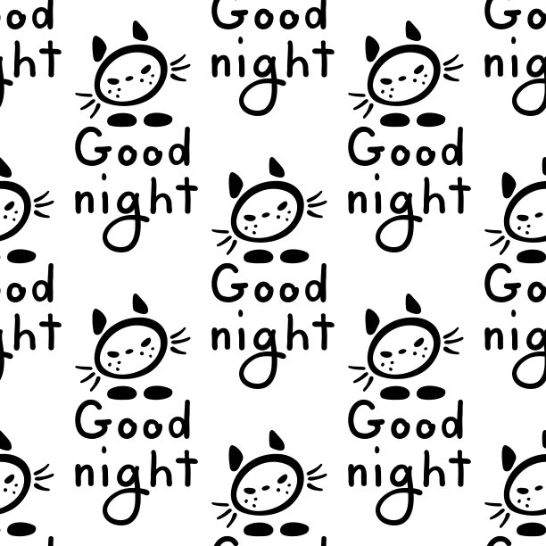 猫的图标和晚安字母。黑白无缝图案。矢量插图。图片下载