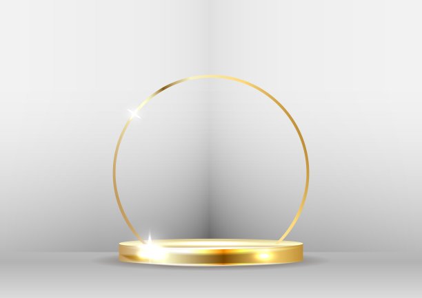 金色的讲台，聚光灯和散景在白色的背景。图片下载
