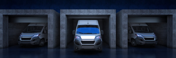 带卷帘门的货车。三维渲染图片下载