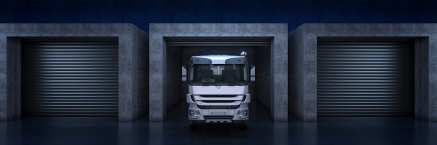 带卷帘门的重型卡车。三维渲染图片下载