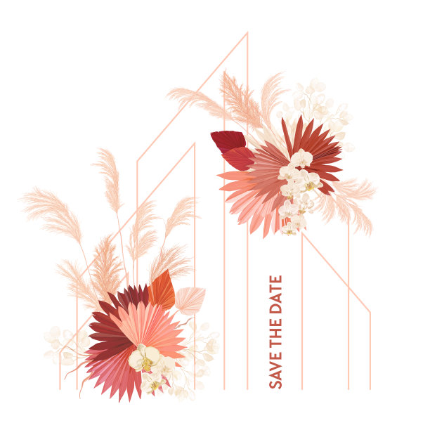 水彩花卉婚礼矢量框。潘帕斯草，兰花花，干棕榈叶的婚礼边界模板，最小的邀请卡，装饰波西米亚夏季横幅图片下载