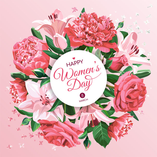 3月8日妇女节贺卡模板。粉红色和白色花朵孤立在浅色背景上。图片下载