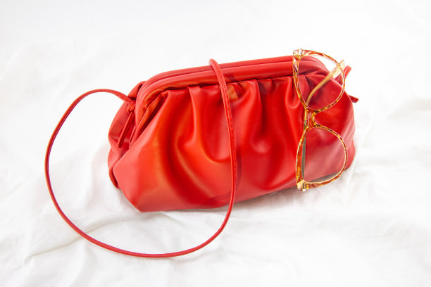 女士手提包与黑色太阳镜在一个白色的背景。皮包上有褶皱织物。侧视图时尚概念花哨时尚眼镜和豪华真皮全纹包图片下载