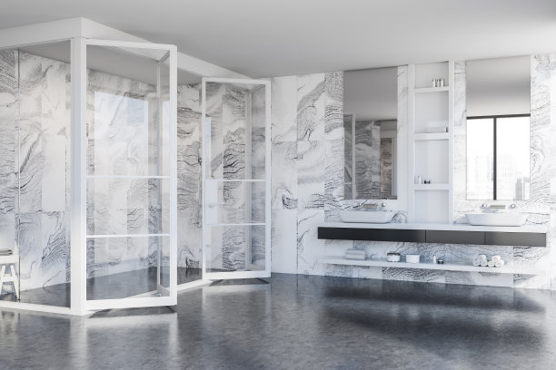 现代白色大理石浴室角落与水槽和淋浴图片下载