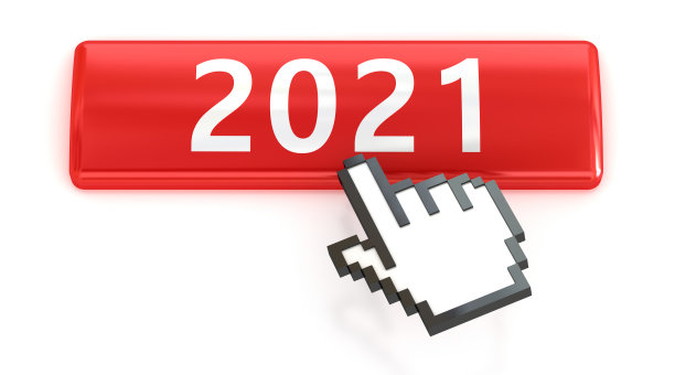 2021年新年快乐。红色按钮与点击手光标隔离在白色背景上。网页设计图标集。图片下载