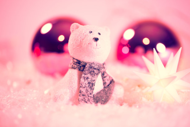 圣诞节，北极熊在雪地里带星星，圣诞卡图片下载