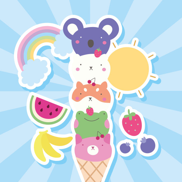 冰淇淋蛋筒里可爱的小动物，可爱的角色图片下载