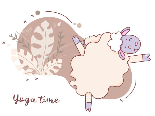 宠物瑜伽时间。一只可爱的羊瑜伽修行者站在一个体式和伸展。矢量插图的农场动物的装饰背景与热带树叶图片下载