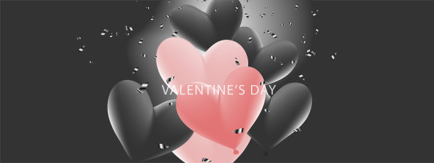 情人节横幅。心形气球，黑色五彩纸屑图片下载