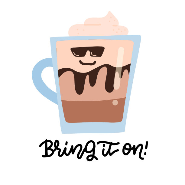 戴着墨镜的咖啡杯。矢量手画卡通插图与书法和书法带来它。图片下载