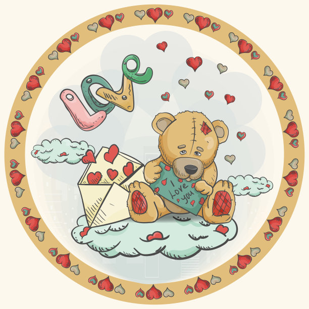 为情人节设计的圆形贴纸插图，设计风格为儿童涂鸦玩具泰迪熊坐在云旁边的信封和我爱的标志图片下载
