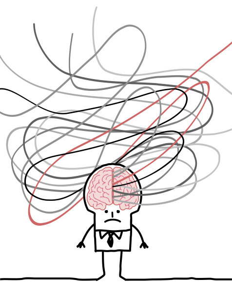 困惑的卡通人物，大脑周围环绕着缠绕的灰色线条图片下载