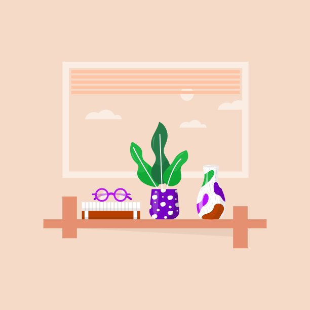 书架上放着最喜欢的书、办公室植物、花瓶和眼镜。书架书在房间图书馆，阅读书籍为家庭和工作场所的教育。向量现代平面室内插图图片下载