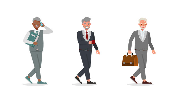 在办公室工作的老商人字符向量设计。各种动作的表现。图片下载