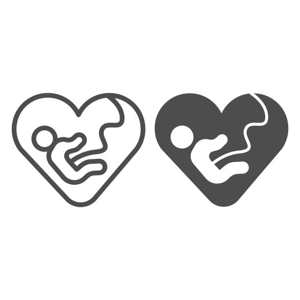 心脏和新生婴儿线和固体图标，母亲节概念，胎儿标志在白色背景，胚胎在心脏图标轮廓风格的移动概念和网页设计。矢量图形。图片下载