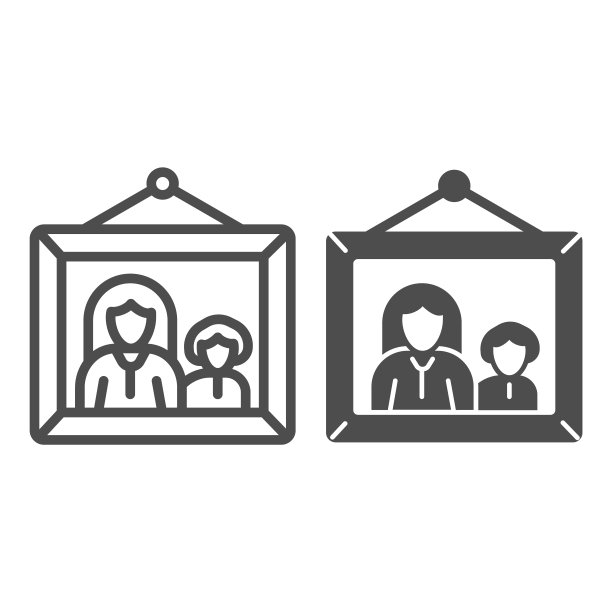 图片与妈妈和孩子线和固体图标，母亲节的概念，相框照片与母亲和儿子的标志在白色背景，家庭图片图标轮廓风格的移动和网络。矢量图形。图片下载