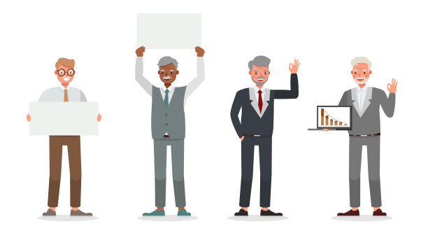 老商人在办公室工作字符向量设计。在各种动作中的表现。图片下载