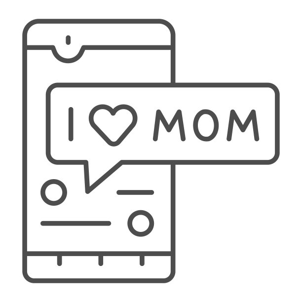 我爱妈妈在智能手机的细线图标，母亲节的概念，智能手机和母亲的对话签名在白色的背景，爱的信息给妈妈的图标在轮廓风格。矢量图形。图片下载