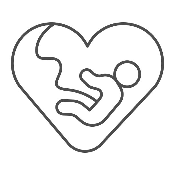 心脏和新生婴儿细线图标，母亲节概念，胎儿标志在白色背景，胚胎在心脏图标轮廓风格的移动概念和网页设计。矢量图形。图片下载