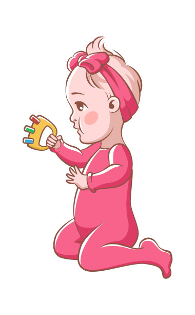 女婴。可爱的金发碧眼的婴儿宝宝穿着粉红色的衣服和缎带玩豆袋，小女儿玩玩具，快乐可爱的新生儿向量孤立插图图片下载