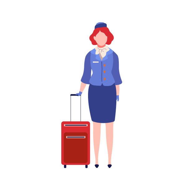 带着手提箱的卡通空姐。蓝色制服的女空乘，带行李的飞机工作人员，商务旅行和旅行性格，航空专业平面矢量插图图片下载