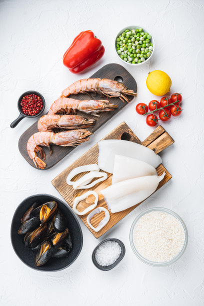 海鲜虾虾虾鱿鱼贻贝海鲜饭在白色背景，俯视图图片下载