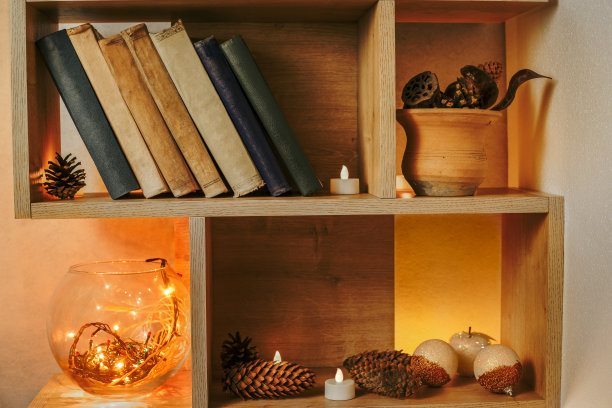 用圣诞灯、松果和圣诞球装饰的古董书的创意圣诞书柜图片下载