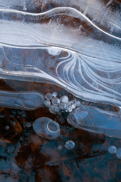 湖面上的第一层冰底部有泡沫和落叶图片下载