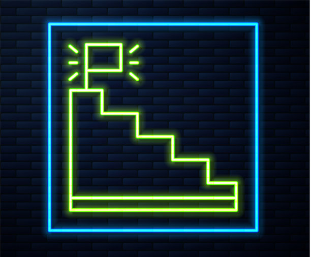 发光的霓虹线楼梯与完成旗帜图标图片下载