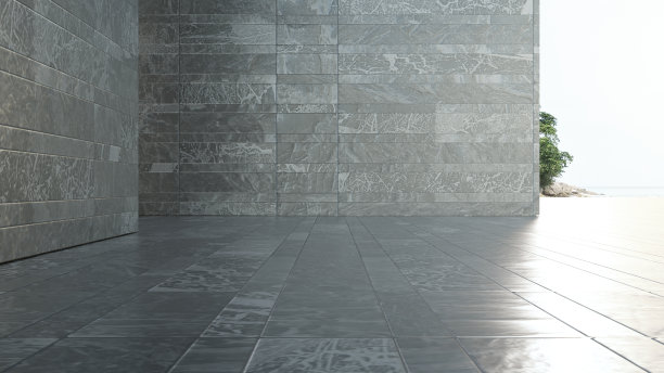 空荡荡的灰色大理石地板露台在海滩房子。图片下载