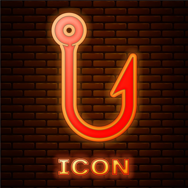 发光的霓虹灯鱼钩图标孤立在砖块上图片下载