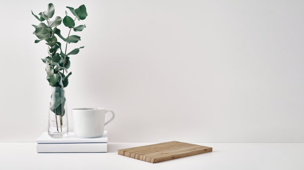 一个杯子，一堆书，一块木板和一个有桉树树枝的透明花瓶。室内装饰采用环保材料，极简主义。复制空间，模拟图片下载