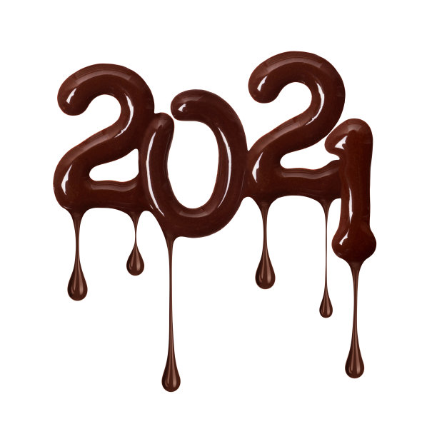 用融化的巧克力制作的2021年新年日期，孤立在白色背景上图片下载