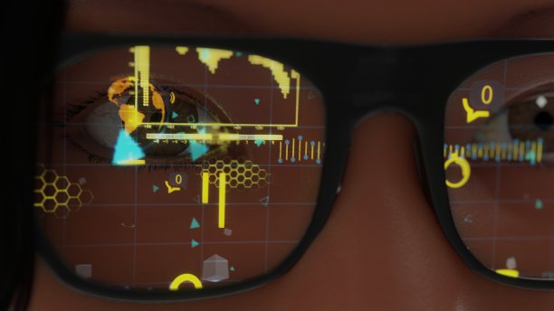 戴着现代眼镜的女人智能眼镜和现实概念与未来的屏幕。虚拟技术。近距离观察被统计数据和苹果分析所包围的眼睛图片下载