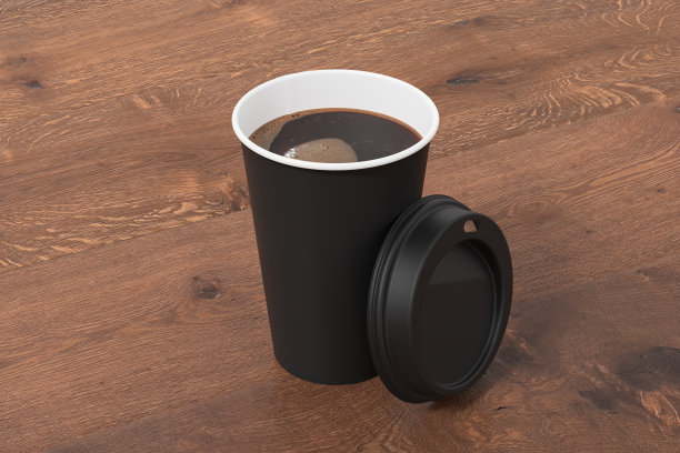 黑色带走咖啡纸杯模型与打开的黑色盖子上的木制背景。图片下载