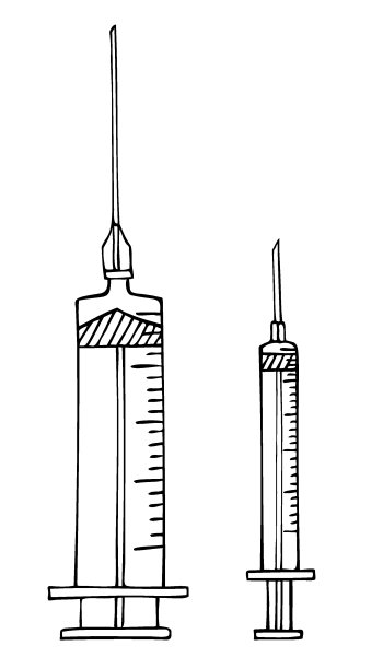 两个带针头的注射器，一个大的，一个小的胰岛素。手绘轮廓草图。黑色和白色。图片下载