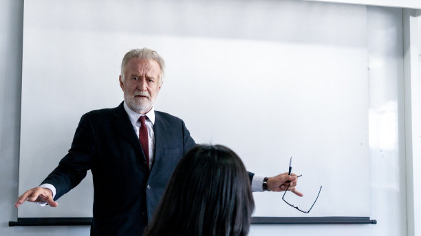 资深商务人士在会议办公室前展示项目。图片下载