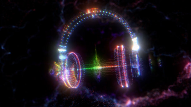 未来的耳机全息图和音频波形图片下载