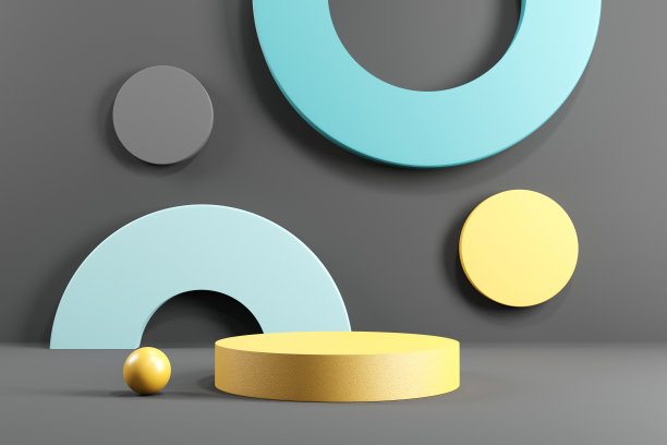 用几何形式抽象最小场景。圆柱形讲台舞台以黄色和灰色为背景。用于2021年产品展示。素材图片
