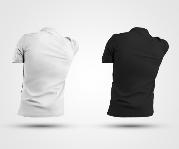男装时尚t恤模板与阴影，纹理马球3D渲染，白色和黑色的颜色，孤立的背景，背面视图。图片下载